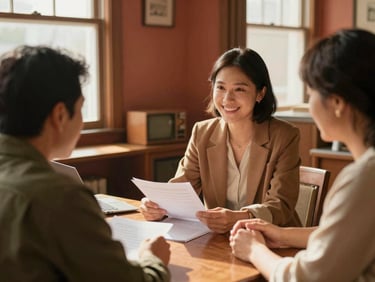 A friendly housing counselor meeting with a resident in a warm, sunlit office, collaborating over paperwork with a smile.