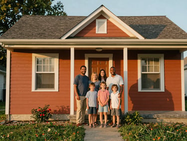 A warm, authentic portrait of a diverse Midwestern family smiling together on the front porch of their modest, well-kept Indiana home during golden hour.