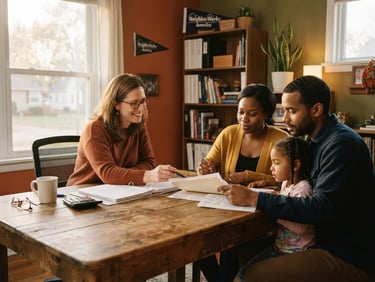 Warm editorial photography of a local Indiana housing counselor sitting at a wooden table with a family, reviewing paperwork under soft window light, terracotta tones, authentic residential office setting, 35mm.