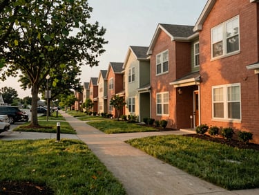 A warm, welcoming affordable housing community in Indiana with green lawns and tree-lined walkways under soft daylight.