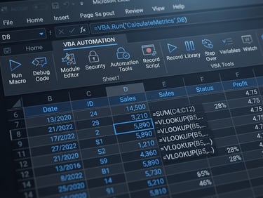 Sleek software UI mockup of a dark-themed Excel spreadsheet with custom VBA automation ribbons, cool studio lighting, deep slate and electric blue tones, macro depth of field