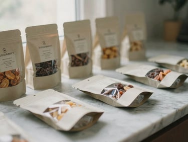 Gourmet snack bars and dried fruits in minimalist packaging on a marble countertop, soft morning light, muted natural tones, shallow depth of field, 35mm