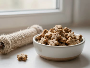 Organic dog treats in a ceramic bowl next to a natural fiber pet toy, soft morning light, muted natural tones, shallow depth of field, 35mm