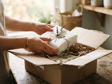 Close-up of hands gently placing a thoughtfully packaged Ritual Home product into a shipping box, natural kraft paper, soft morning window light, shallow depth of field, 35mm