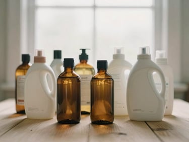 Artfully arranged natural laundry detergents and fabric softeners in amber glass bottles, on a light wooden surface, soft morning light, muted natural tones, shallow depth of field, 35mm