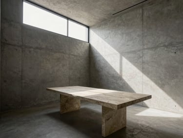 Wide-angle architectural shot of a modern, empty consultation room, stark concrete walls, a single long stone table, dramatic natural light streaming from a high window.