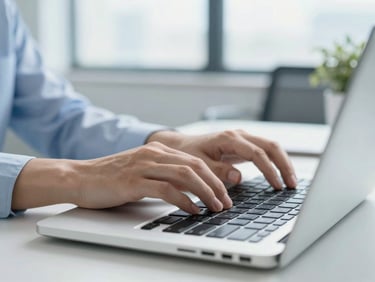 Close-up of clean hands typing on a laptop keyboard in a bright, modern Brazilian office with soft daylight and professional desk setup