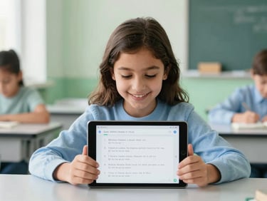 Young Arab girl smiling while using a tablet for an interactive quiz, bright classroom, natural daylight, soft green and blue tones, shallow depth of field, tablet UI showing Islamic studies questions.
