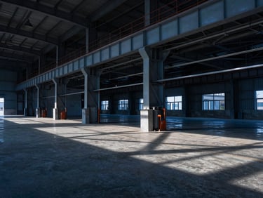 Interior of a massive modern industrial warehouse, concrete floors, structural steel beams, dramatic shadows