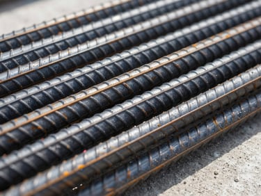Close-up of high-grade ribbed steel rebar, textured surface, crisp details under bright daylight