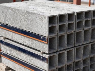 Neat stack of grey concrete blocks, raw masonry texture, sharp edges, outdoor construction site setting