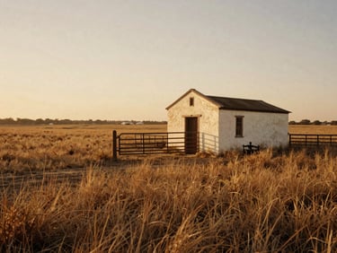 Wide panoramic view of a historic Texas ranch gate at golden hour, native grasses in the foreground, soft warm light, medium format film style.