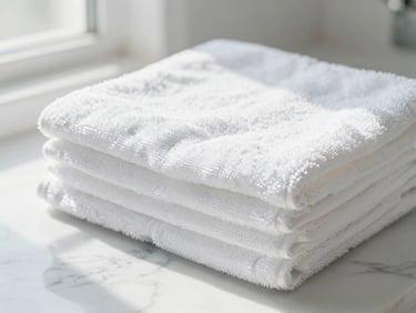 Close-up of neatly folded white cotton towels resting on a spotless marble surface in a bright, sunlit bathroom, soft shadows.
