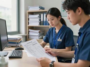 Staff members in a hospital administrative office reviewing printed personnel documents at a desk, natural daylight from a window to the left, folders and binders stacked on shelves behind them