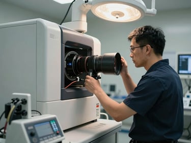 Technician in work uniform calibrating a diagnostic imaging machine in an operating clinical environment, task lighting from above, equipment cables and panels visible in foreground