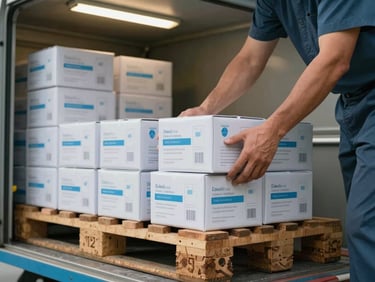 Close-up of hands unloading boxed medical supplies from a freight pallet inside a hospital loading dock, functional overhead lighting, stacked inventory visible in the background
