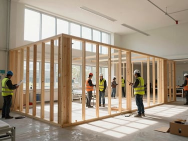 Wide shot of an active hospital ward renovation in progress, structural partitions being installed, workers in safety gear, natural light entering through high clerestory windows