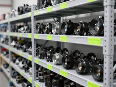 Clean, organized warehouse shelving with rows of tested car parts, bright clinical lighting, metallic textures and neon green labels, sharp focus, 35mm lens