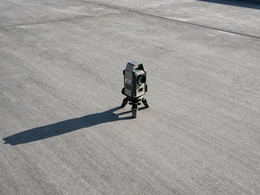 Wide shot of a laser level on a tripod on a large concrete slab, morning sun, sharp focus on the level and the smooth concrete surface, deep slate and raw gray tones, 35mm lens