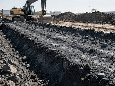 Low-angle shot of a freshly excavated subgrade, compact soil, with construction equipment in the background, high contrast morning sun, deep slate and raw gray tones, sharp focus, 35mm lens