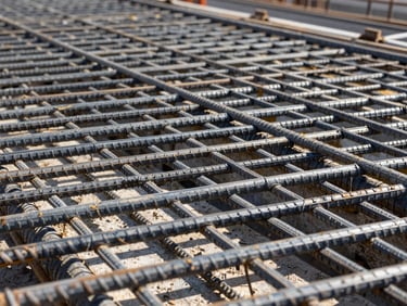 Close-up of tightly tied rebar grid on a commercial construction site, morning sun casting sharp shadows, deep slate and raw gray tones, sharp focus, 35mm lens