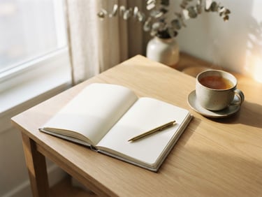 Serene minimalist desk with an open linen notebook, a thin pen casting a soft shadow, a ceramic cup of tea, warm morning light, 35mm photography
