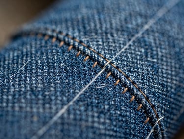Macro detail of precise darning stitches on premium indigo denim fabric, showcasing invisible mending and flawless repair