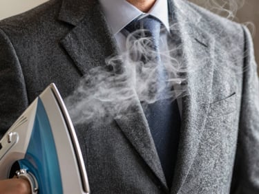 Close-up of steam rising elegantly from a professional iron onto a perfectly tailored wool jacket, soft lighting highlighting fabric texture.