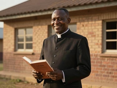 Warm environmental shot of Pastor Titus Ssekawe standing outside the brick schoolhouse, smiling warmly, holding a schoolbook, golden hour light.