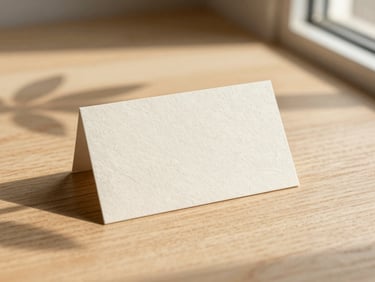 A textured paper mockup of a business card resting on a natural light oak wood surface, soft leaf shadows cast across the scene, warm golden-hour window light, 35mm
