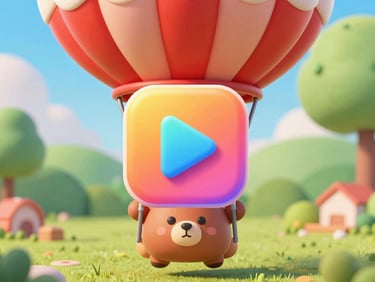 Vibrant 3D digital illustration of Barnaby the bear in a red hot air balloon, floating over a green backyard, with a large, colorful play button icon overlaid in the center. Bright soft lighting, clean claymation aesthetic.