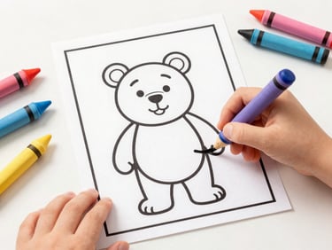 Bright flat-lay of a child's hands coloring a Barnaby the bear coloring page with colorful crayons, clean claymation aesthetic, cheerful studio lighting, soft shadows.