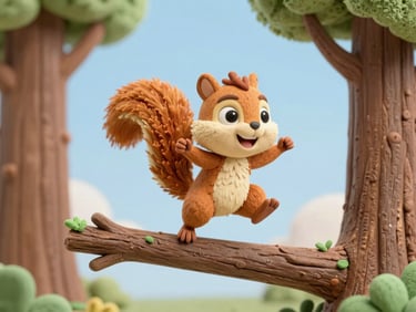 Pip the Squirrel, a cheerful 3D animated character, leaping between tree branches, energetic pose, bright soft lighting, clean claymation aesthetic