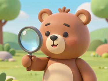 Eye-level medium shot of Barnaby the bear character illustration holding a magnifying glass, in a cheerful, bright backyard setting, soft shadows, vibrant 3D digital illustration.