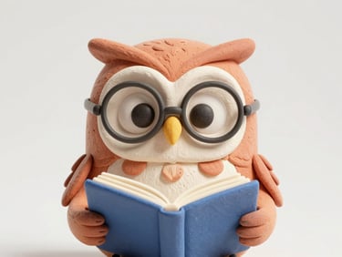 Penelope the Owl, a cheerful 3D animated character, wearing small spectacles, holding an open storybook, thoughtful expression, bright soft lighting, clean claymation aesthetic