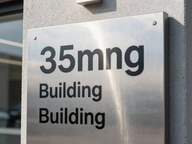 Modern brushed steel outdoor building directory sign, clean typography, sharp architectural daylight, 35mm lens