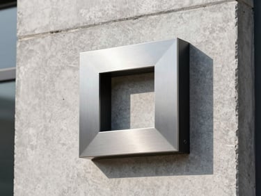 Architectural exterior sign made of brushed aluminum and black steel, mounted on a textured concrete wall under bright daylight.