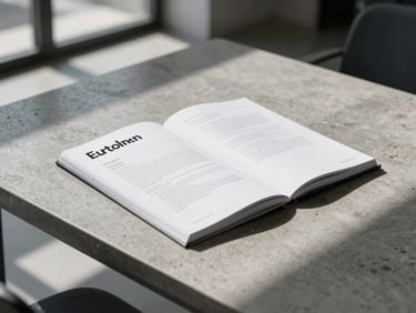 Close-up of a corporate brand guidelines book lying on a minimalist concrete table, sharp shadows, architectural daylight