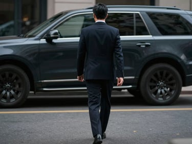 A professional operative in a tailored dark suit, seen from behind, walking discreetly towards a dark, low-profile SUV parked in an urban setting, low-key lighting, cinematic editorial photography, muted navy and charcoal tones, sharp focus, professional and discreet atmosphere, 35mm