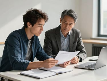 Medium shot of a creator and a strategist seated side by side at a wide desk, reviewing a printed creative brief together under north-facing daylight, notebooks and a laptop open, both looking at the same page