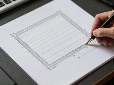 Tightly cropped overhead view of a measurement framework document on a dark desk, a hand writing margin notes with a gold pen, crisp studio light casting clean shadows across the printed page