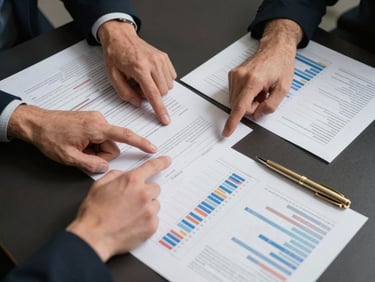 Close overhead shot of a strategy session table, two sets of hands pointing at printed audience analytics documents under crisp studio light, dark surface with a single gold pen resting on the edge of the frame