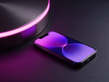 Sleek technology photography, dramatic neon pink and purple gel lighting on a curved metal sculpture and modern smartphone displaying abstract digital art, dark graphite background, 35mm editorial style.