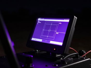 Dramatic close-up of high-tech agricultural machinery monitor with neon purple interface glow, dark night background, high-contrast technology photography.