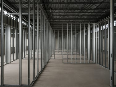 Wide interior shot of a commercial steel stud framing project — rows of vertical metal studs in a large open bay, diffused industrial light from high clerestory windows, no people, clean documentary framing