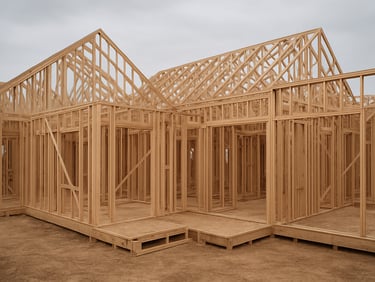 Panoramic view of a new residential wood frame under construction — open floor plan, multiple bays of framing rising against a pale overcast sky, no workers present, architectural documentary style