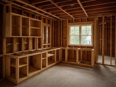 Wide shot of a modern kitchen gut renovation in progress — cabinetry framing exposed, new structural walls open, north-facing window light flooding the space, no people, documentary