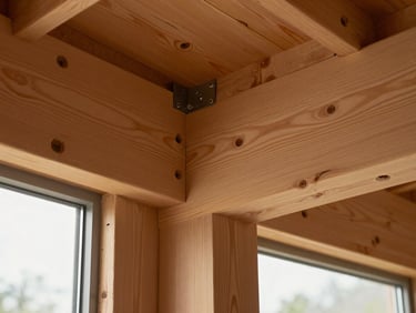 Close architectural detail of heavy timber ridge beam connection and engineered LVL header in a new residential frame — tight grain of spruce visible, steel connector hardware, diffused afternoon window light casting quiet shadow lines across the structural joint, no people
