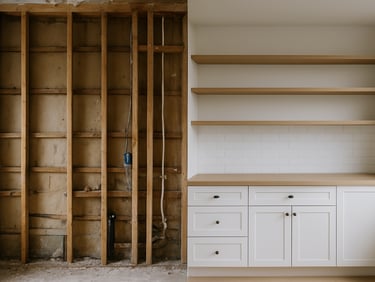 Diptych-style wide architectural photograph split vertically — left half shows exposed wood stud framing of a kitchen wall mid-demolition, right half shows the same wall finished with open shelving and integrated cabinetry, diffused north light consistent across both halves, no people, no styling, structural change is the subject