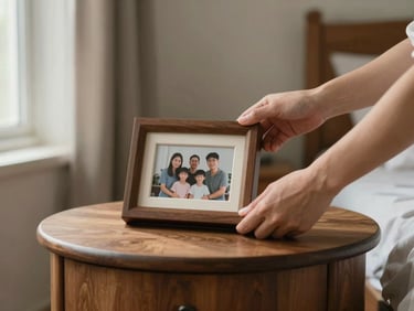 Close-up of a pair of hands carefully placing a small framed family photograph on a wooden side table in a softly lit bedroom, natural window light from the left, warm tones, calm and deliberate composition